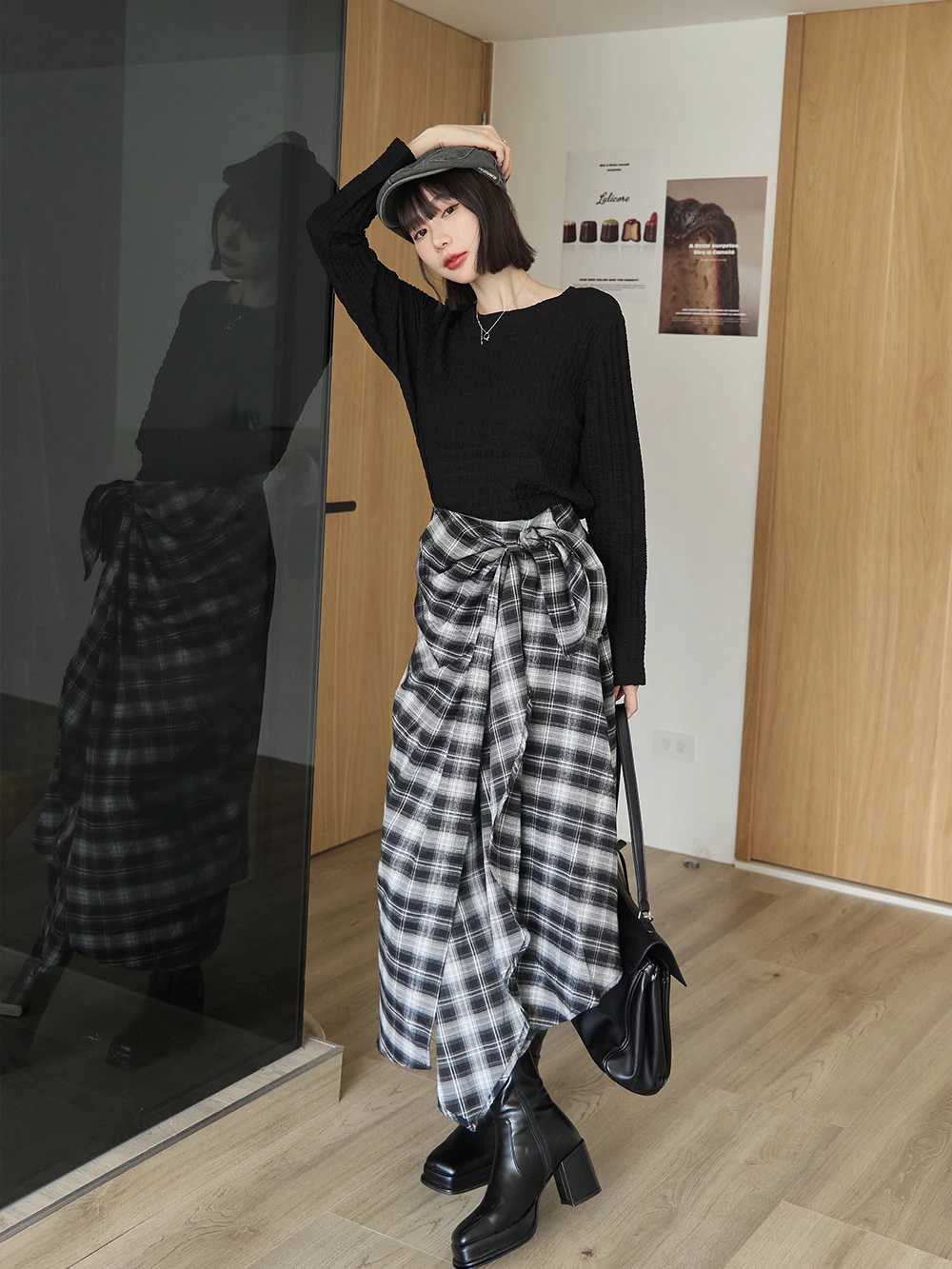 格紋不規則長裙-附皮帶