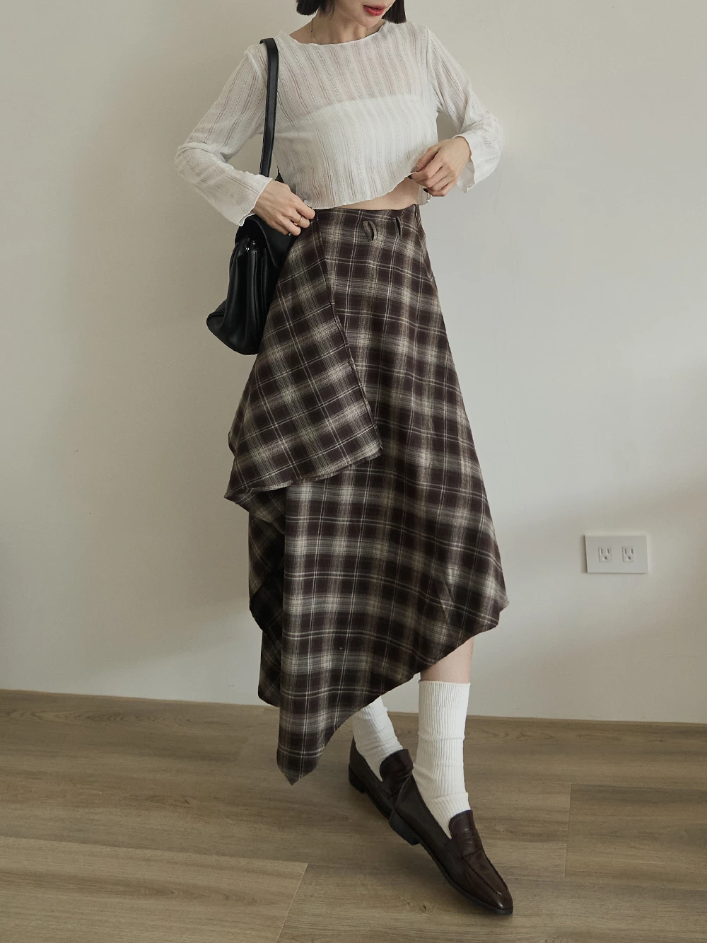 格紋不規則長裙-附皮帶