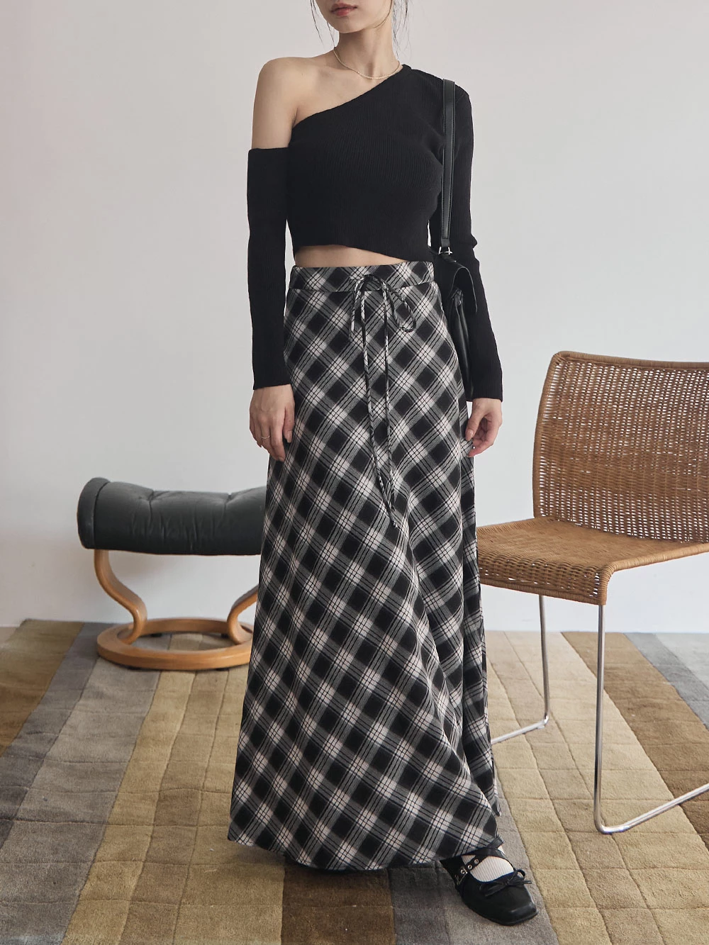 SPmade-抽繩格紋輕薄長裙