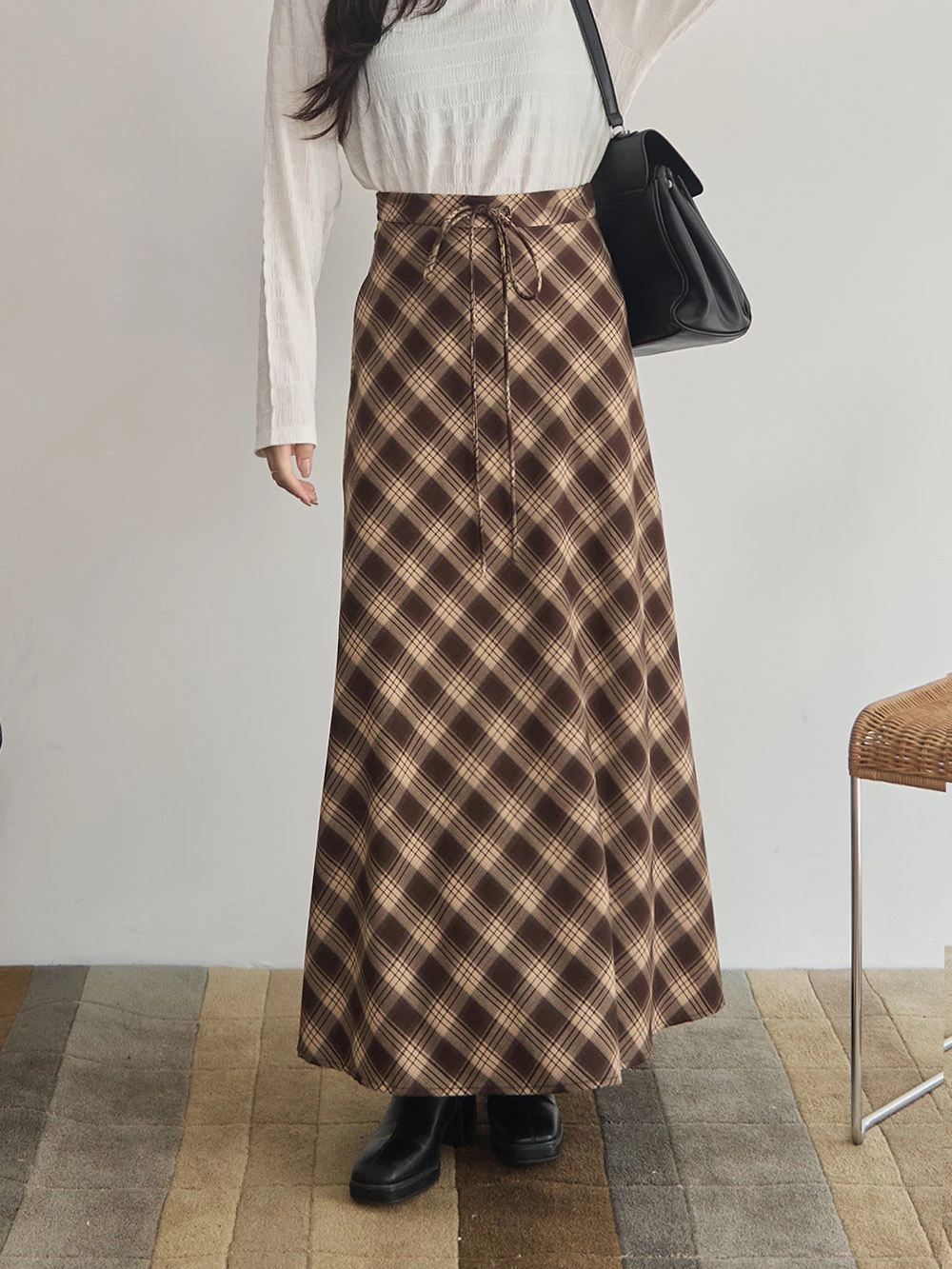 SPmade-抽繩格紋輕薄長裙