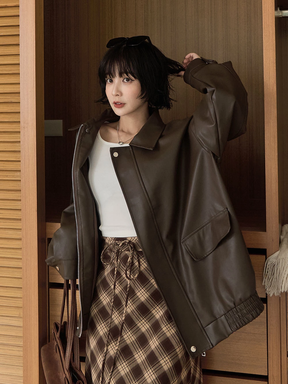 復古澎袖皮革外套