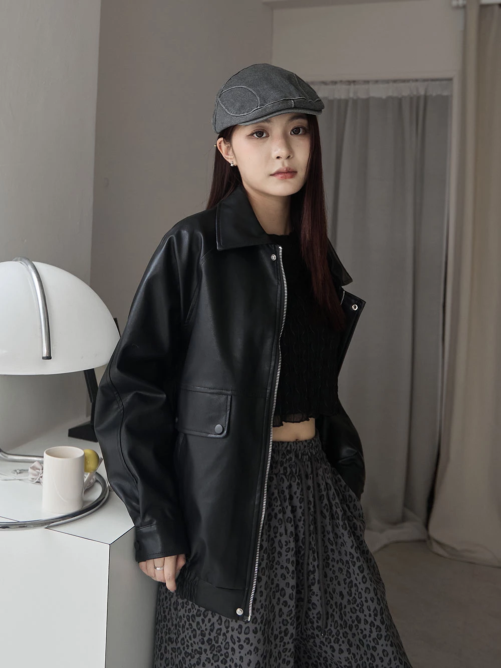 霧感翻領皮外套