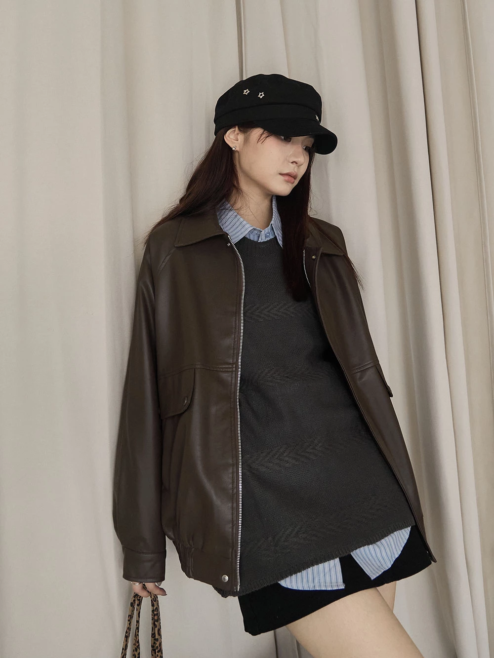 霧感翻領皮外套