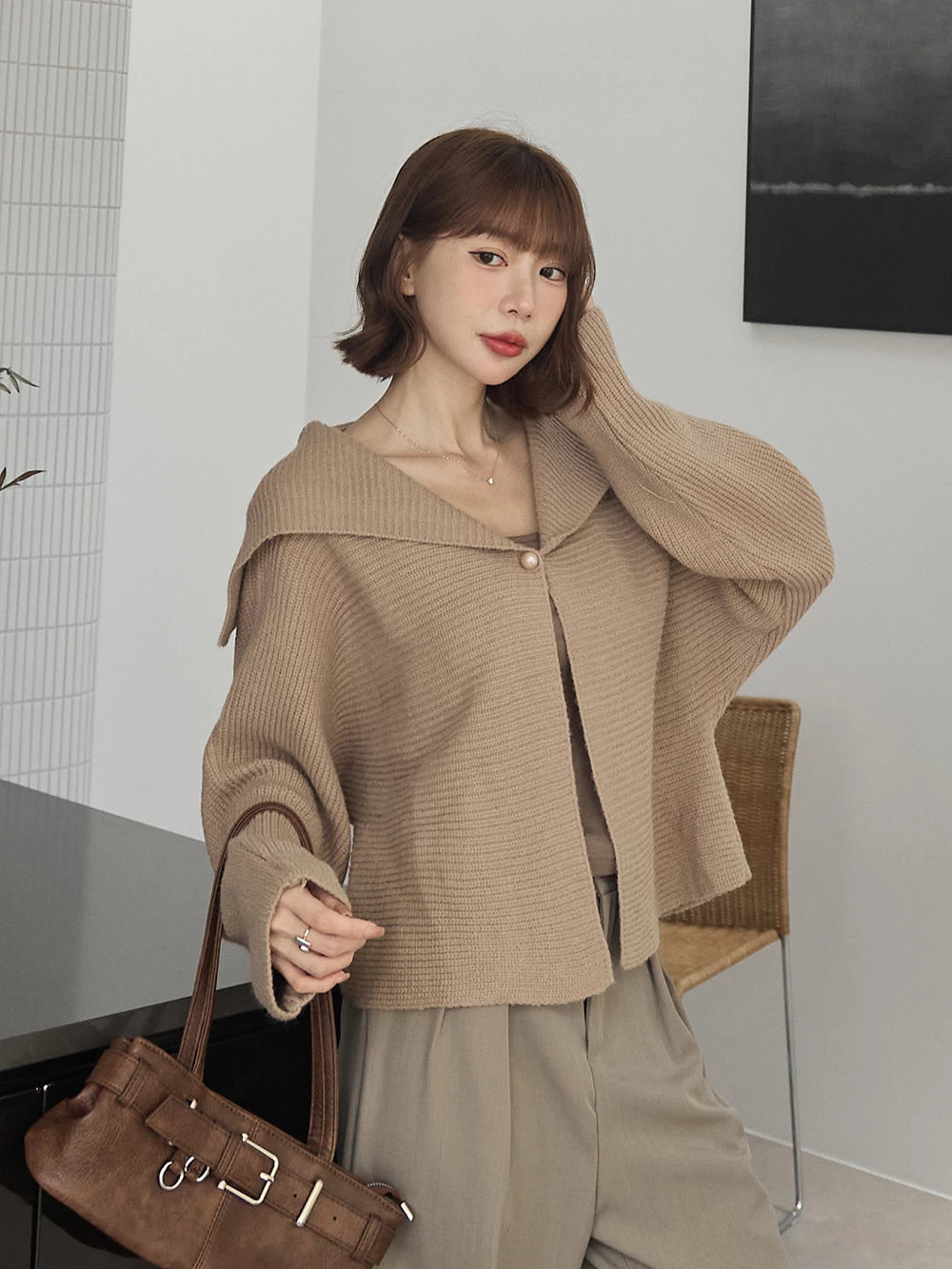 大翻領單釦針織外套