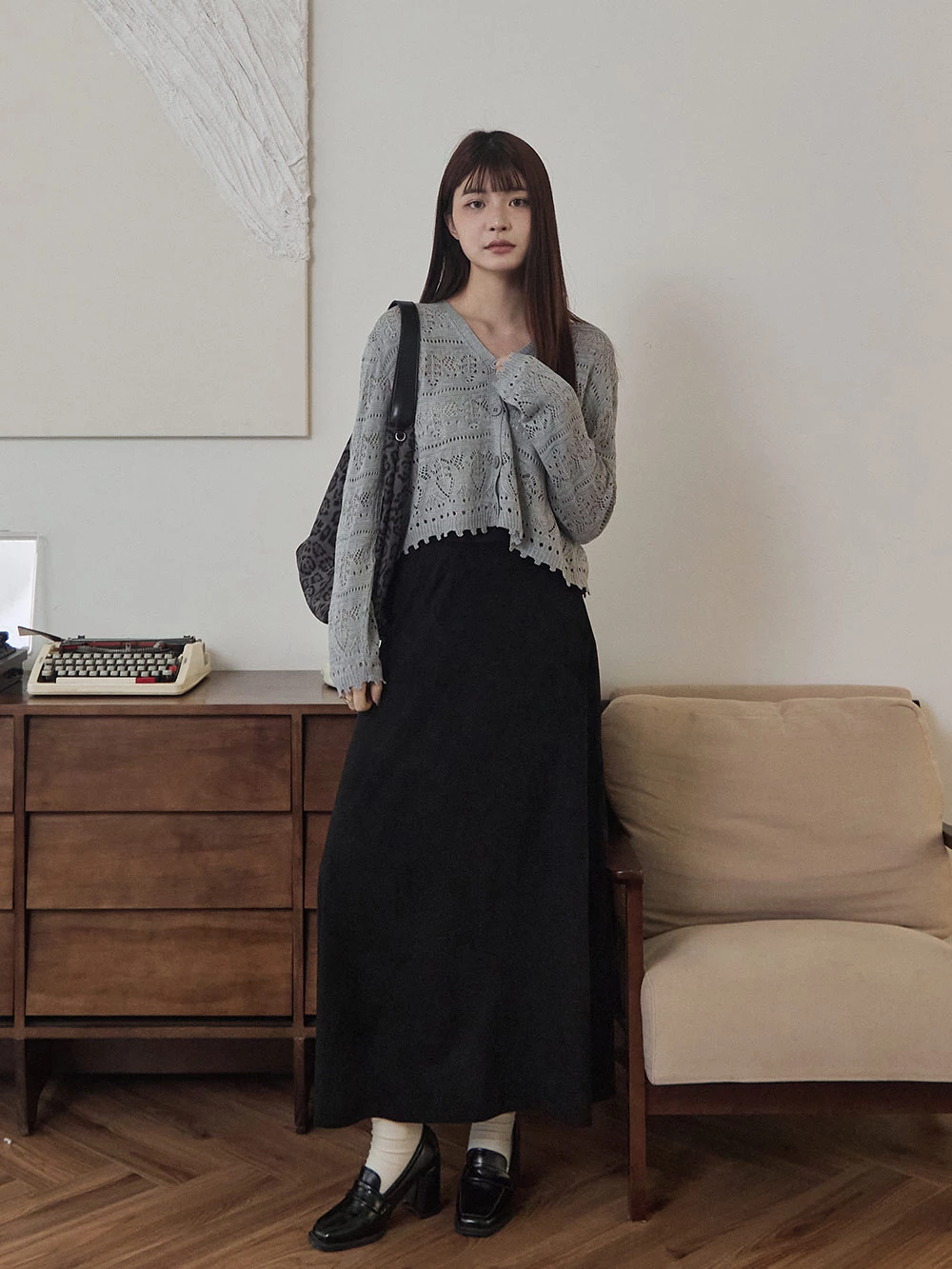 腰鬆緊麂皮絨長裙