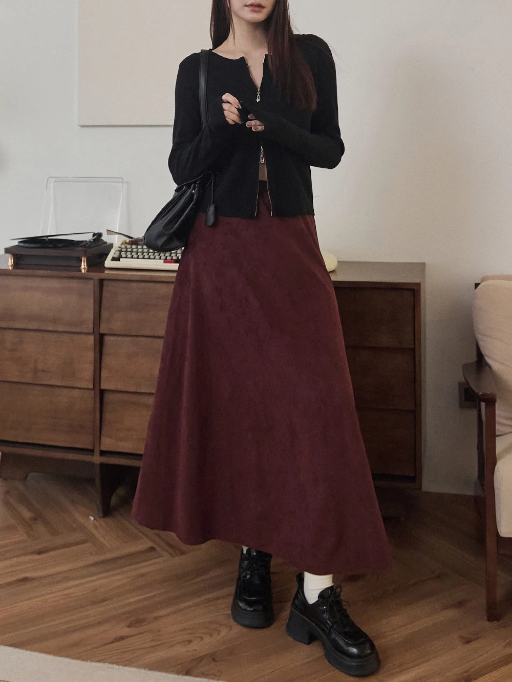 腰鬆緊麂皮絨長裙