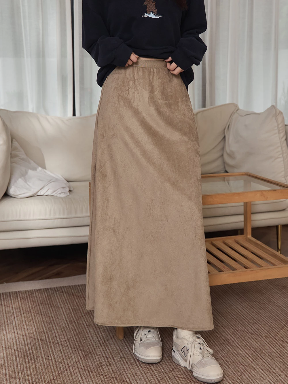 腰鬆緊麂皮絨長裙