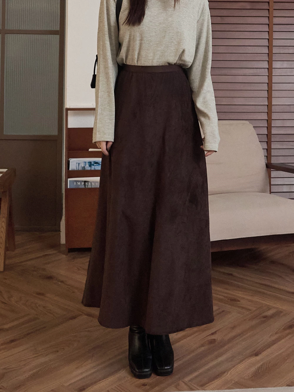 腰鬆緊麂皮絨長裙