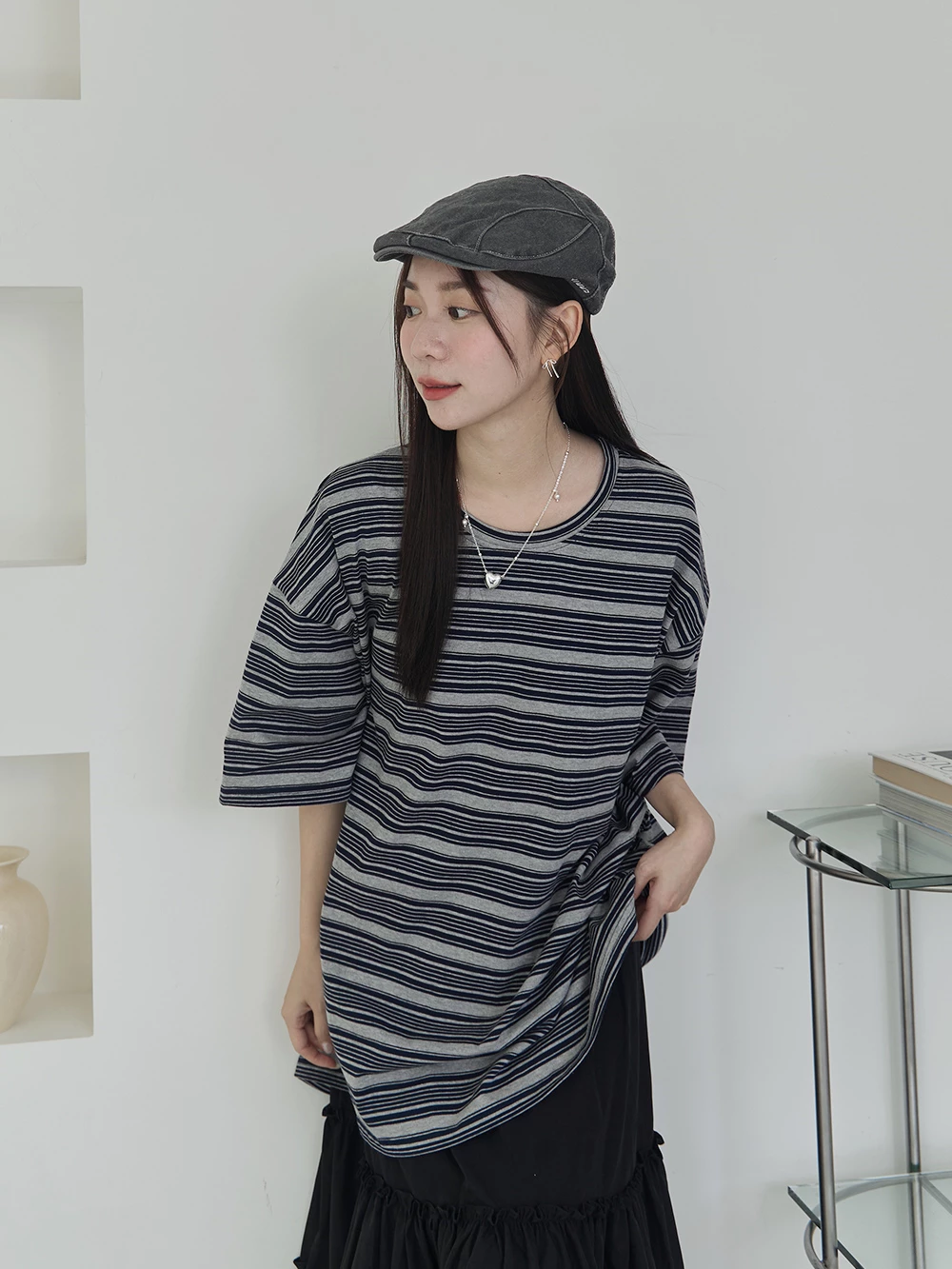 挺版條紋落肩短袖上衣
