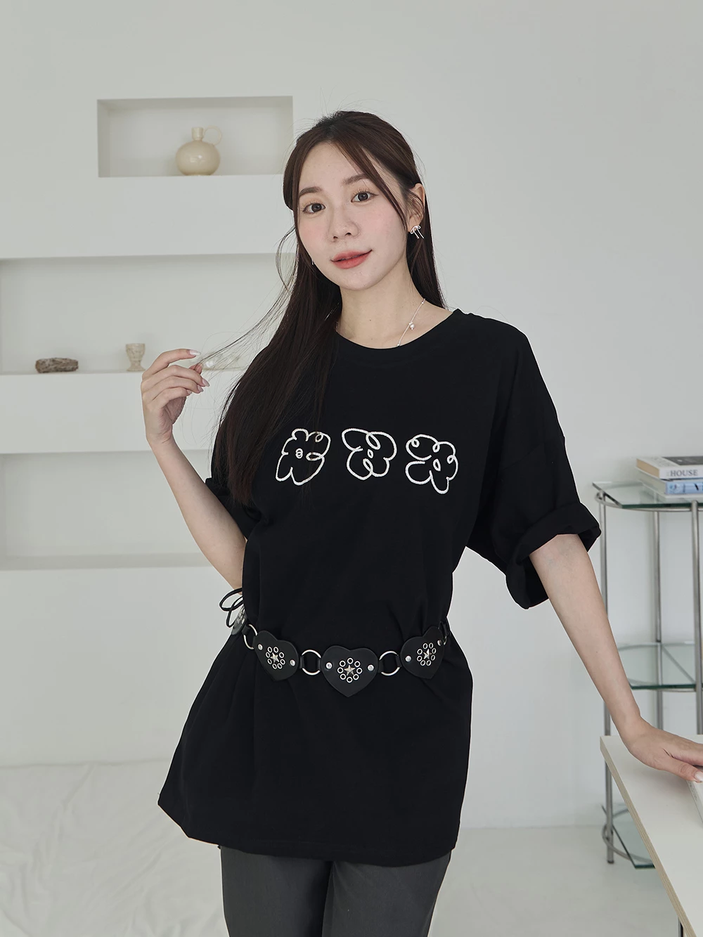 刺繡小花印圖短袖上衣