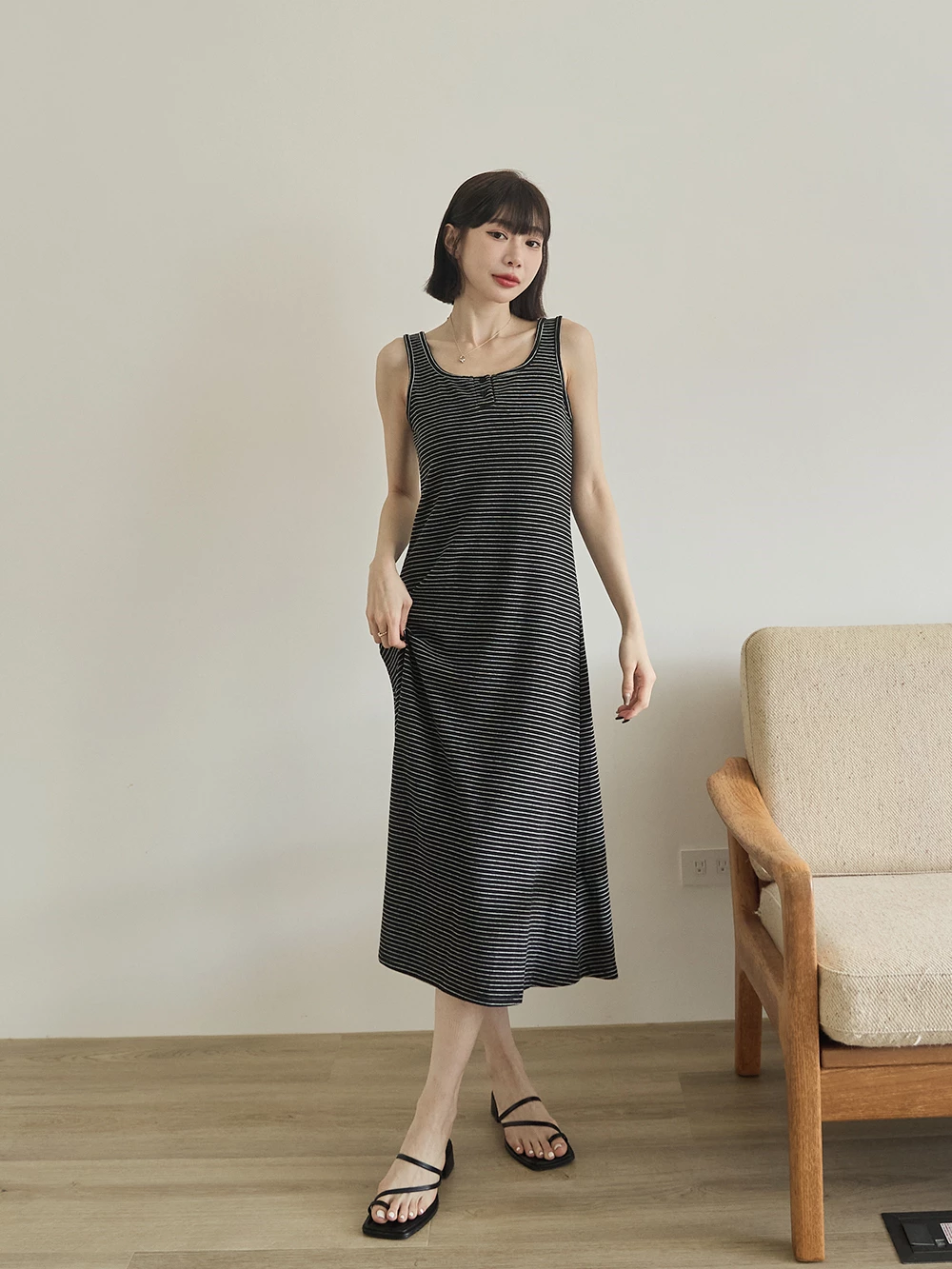 U領條紋背心洋裝