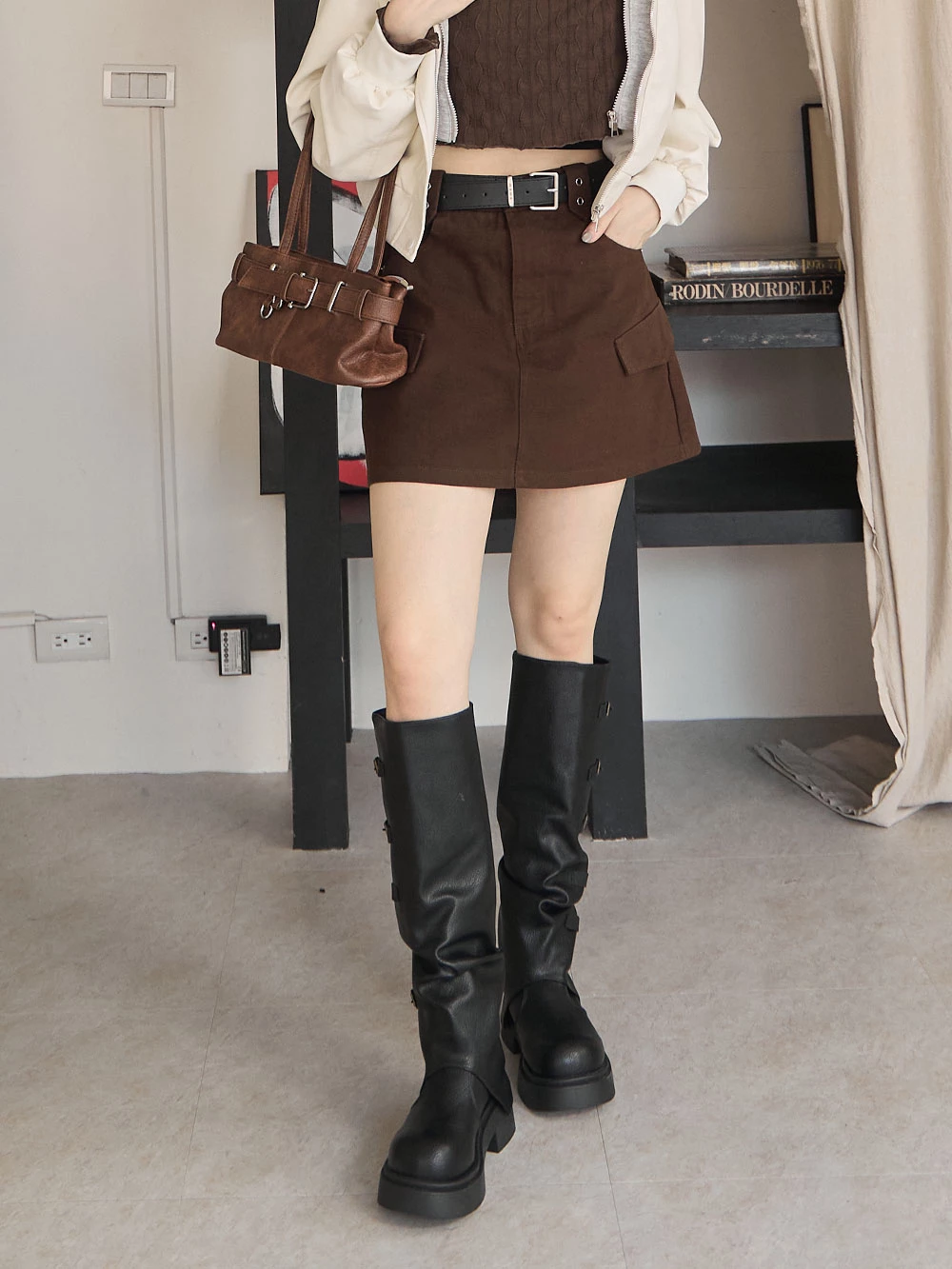 挺版工裝短褲裙-附皮帶