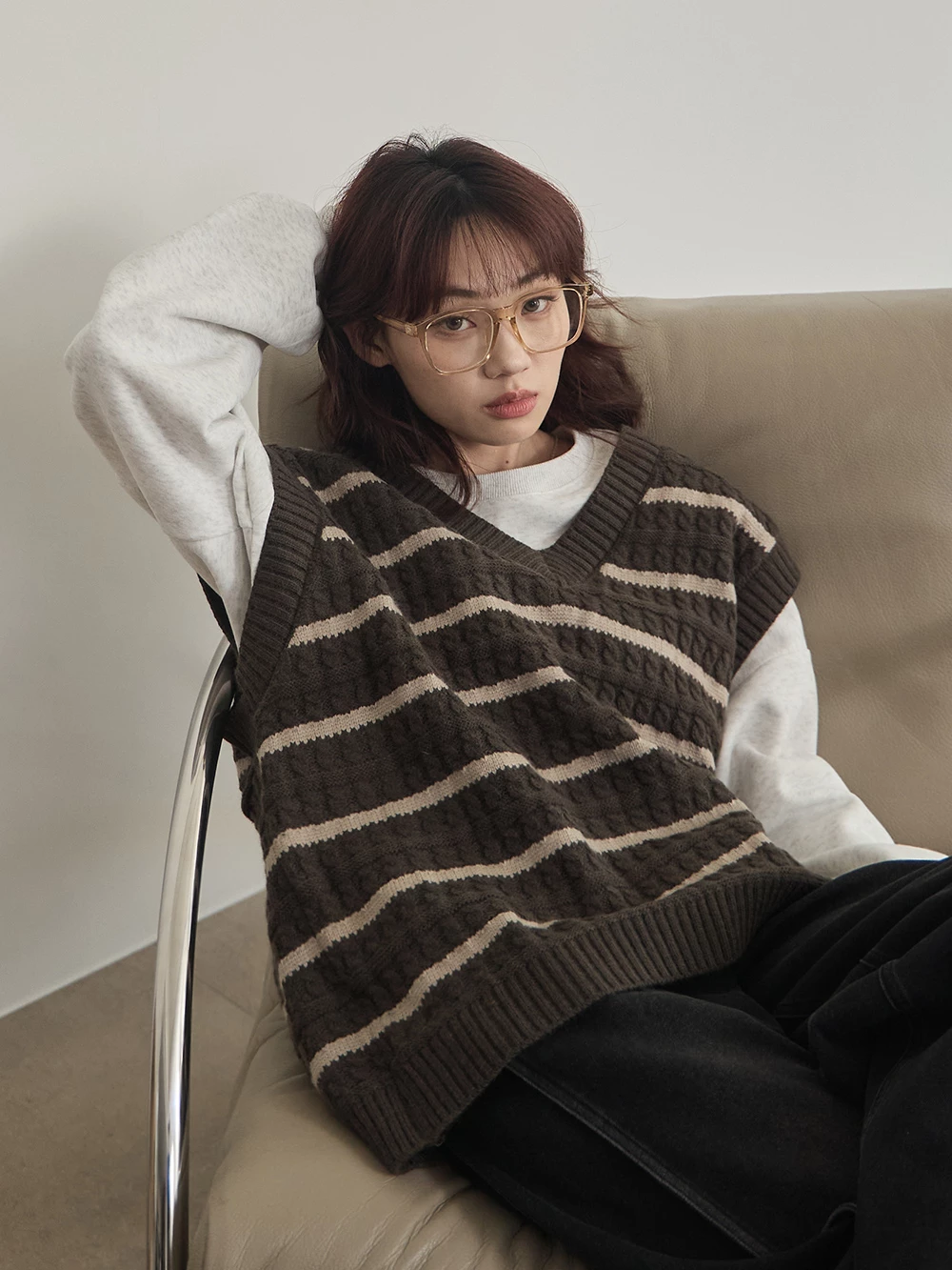 男女共穿拼色條紋V領針織背心