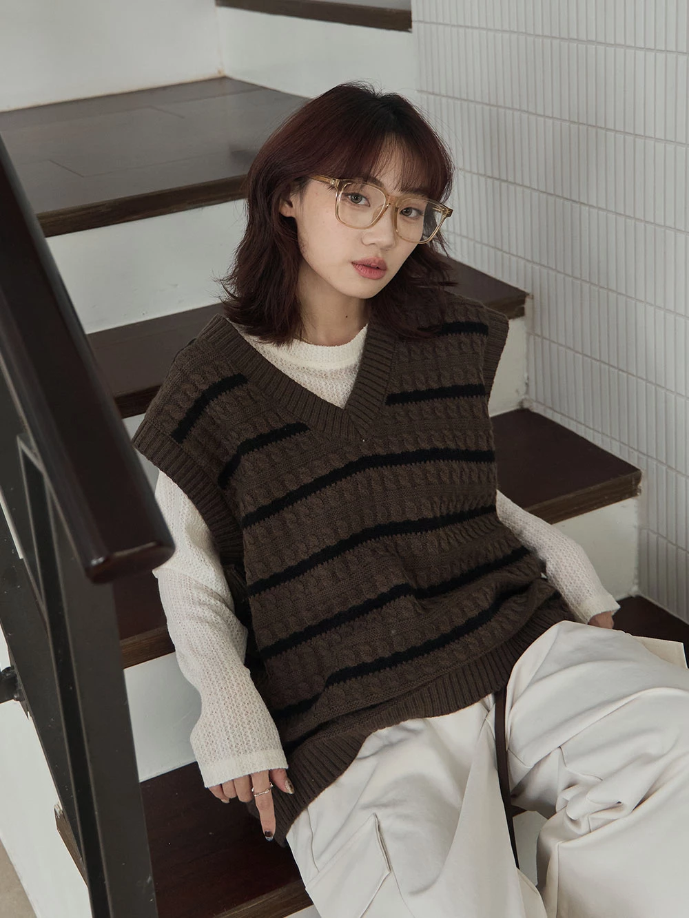 男女共穿拼色條紋V領針織背心