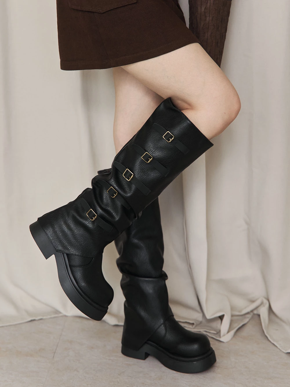 軟皮革厚底長筒騎士靴