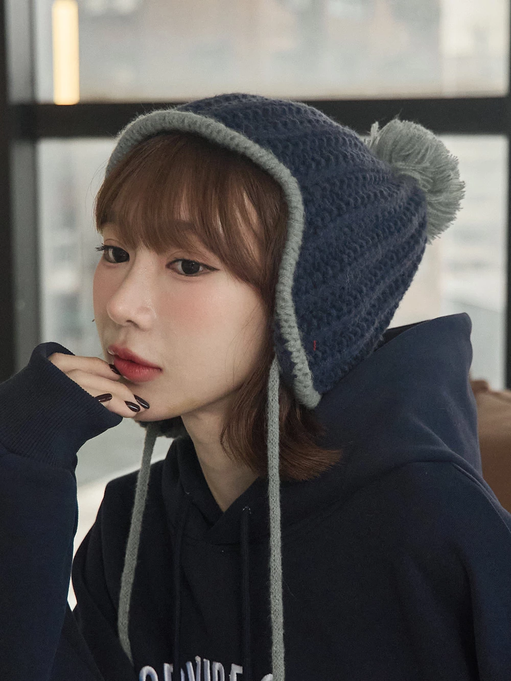 撞色毛球針織毛帽