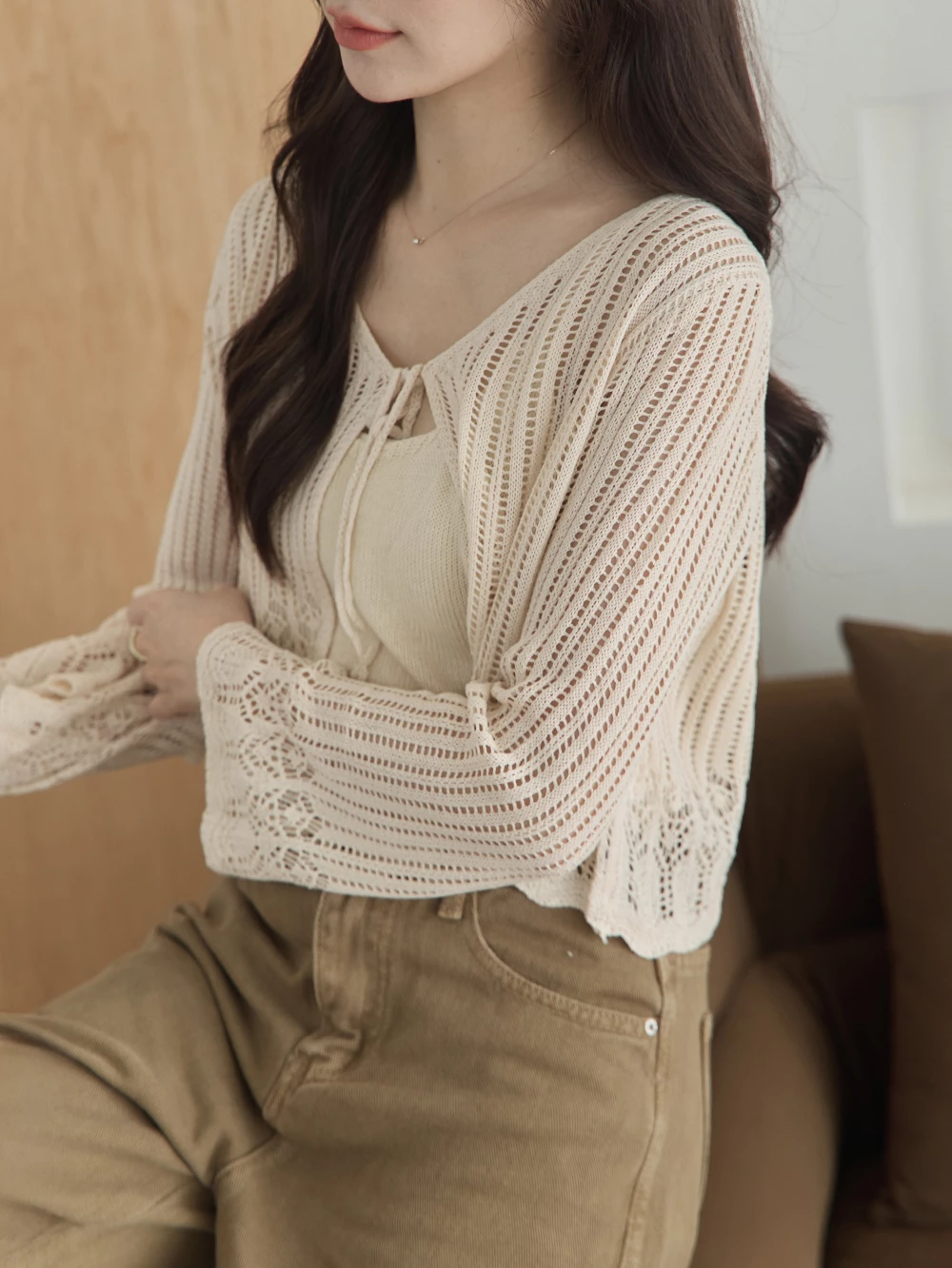 縷空透膚綁帶罩衫