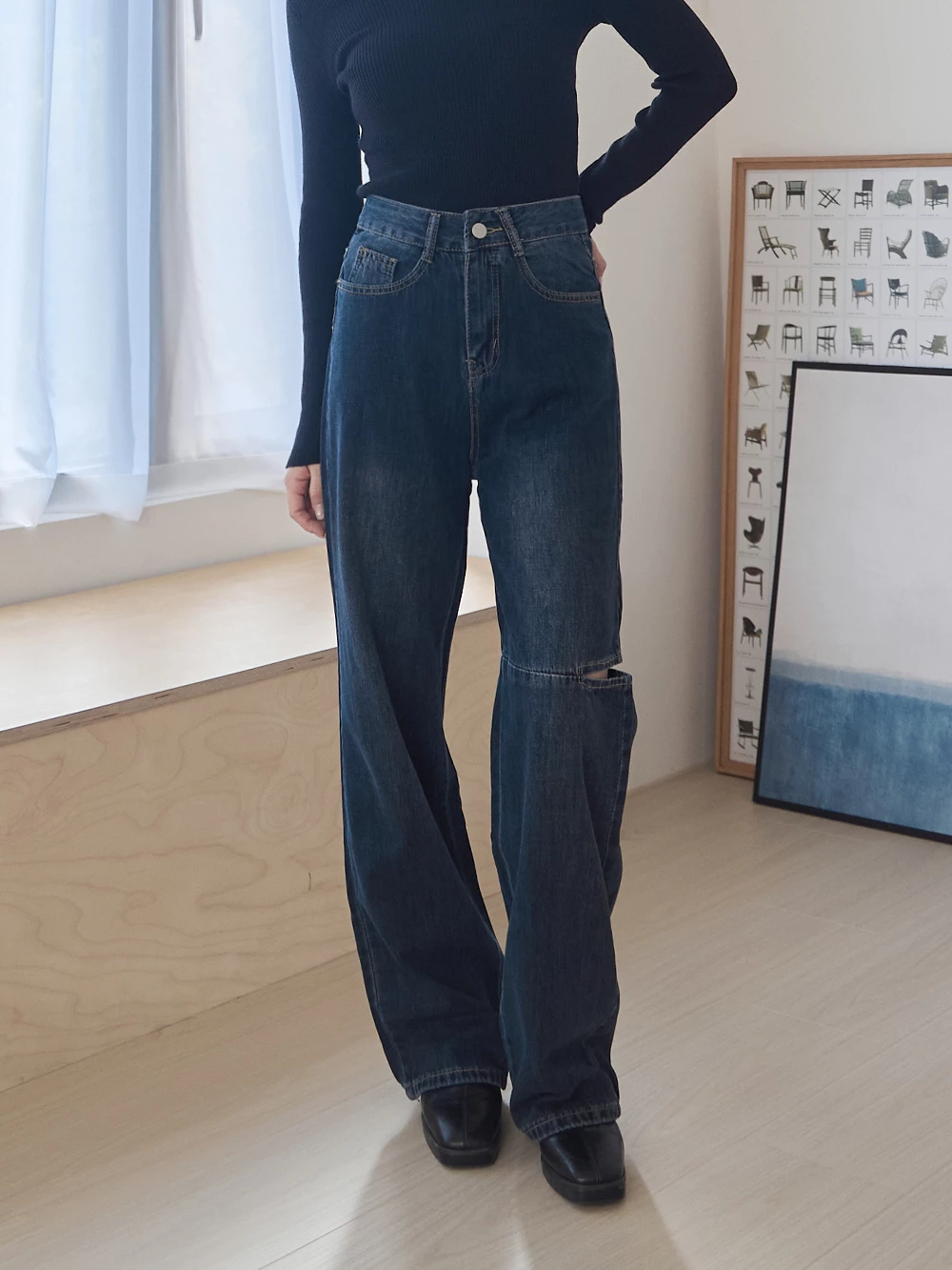 膝割破造型牛仔褲