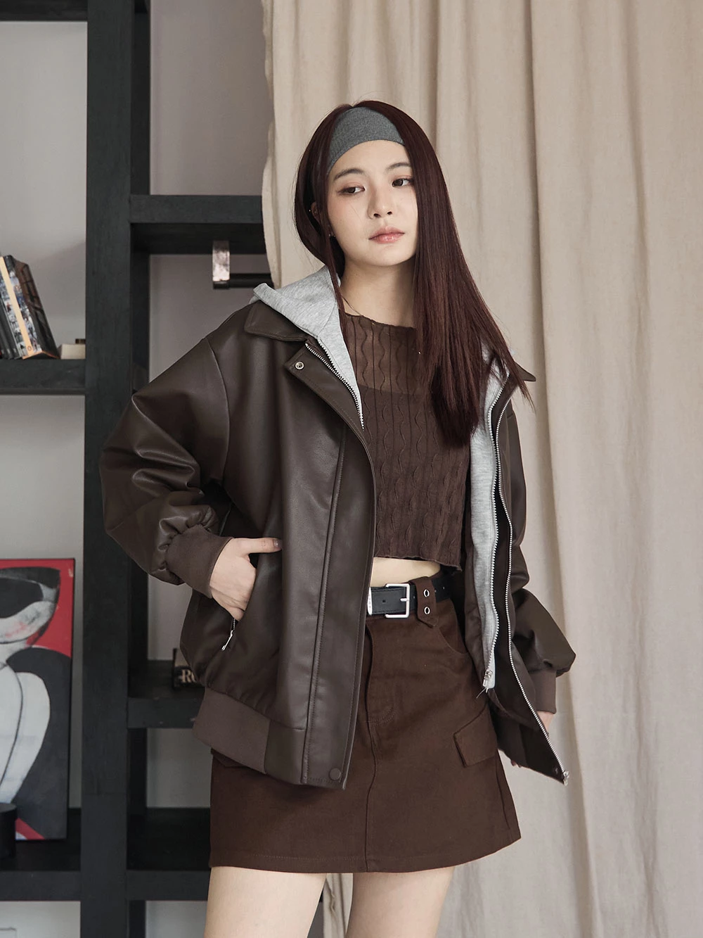 假兩件連帽長版皮外套