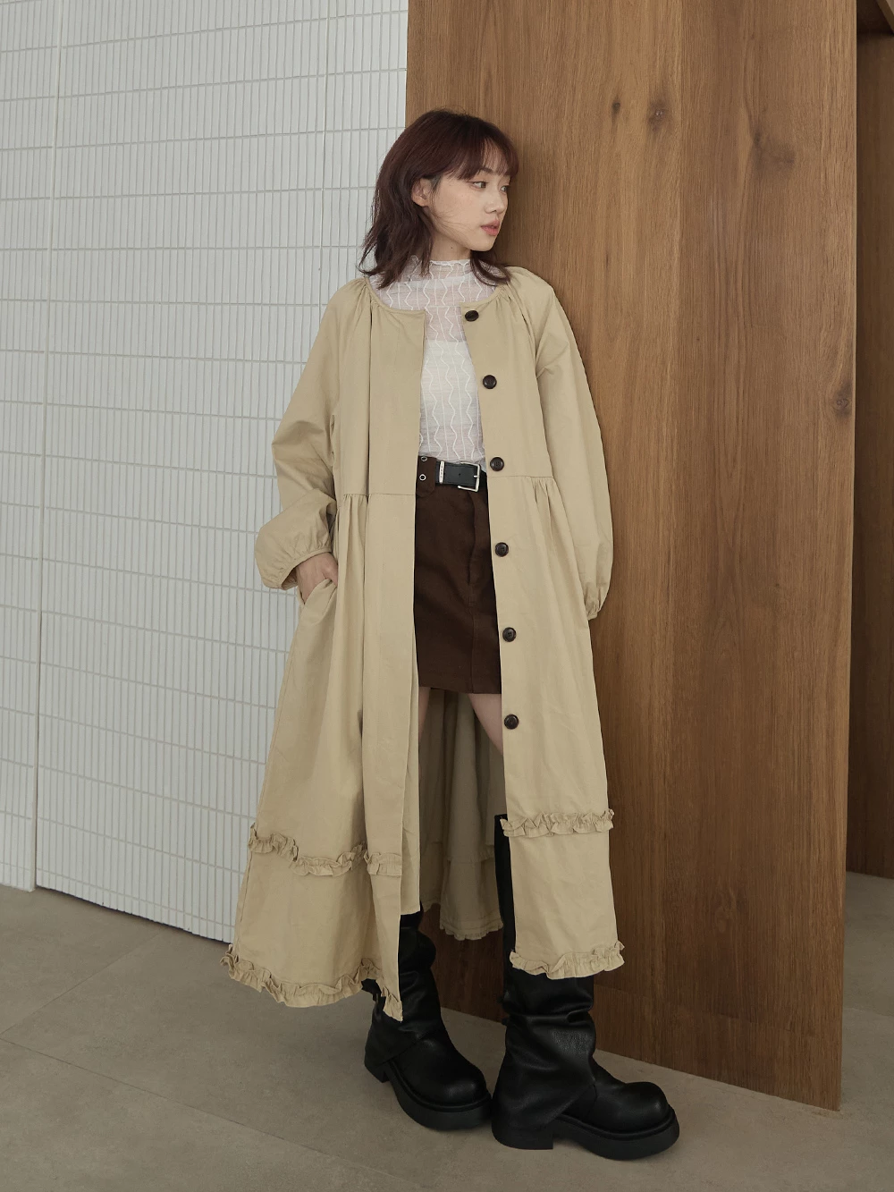 圓領荷葉邊排釦洋裝-附腰帶