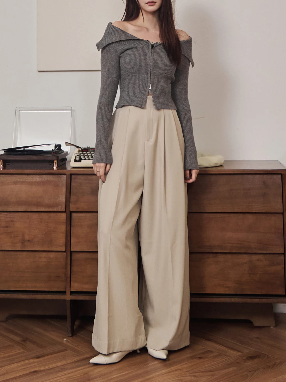 後鬆緊高腰西裝褲