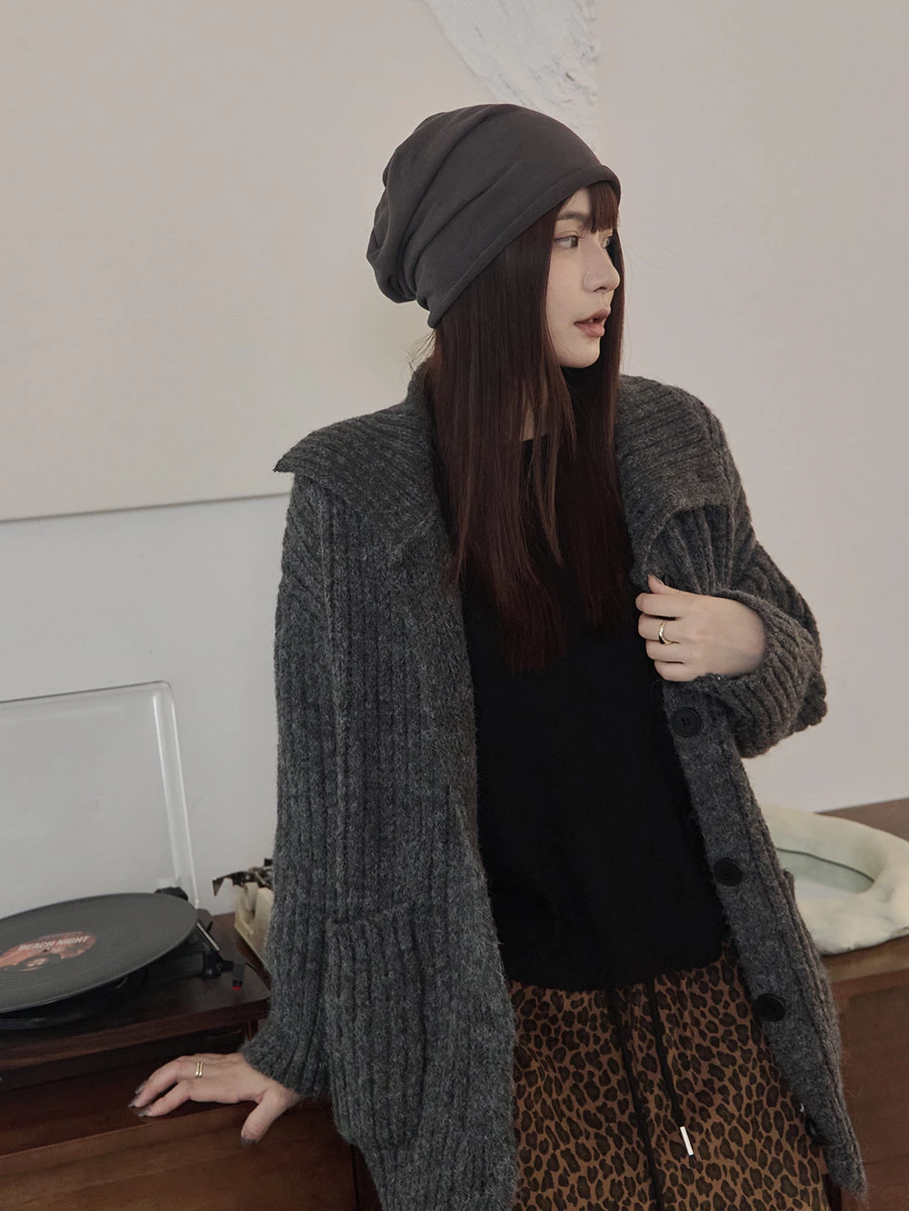 翻領粗針織排釦針織外套