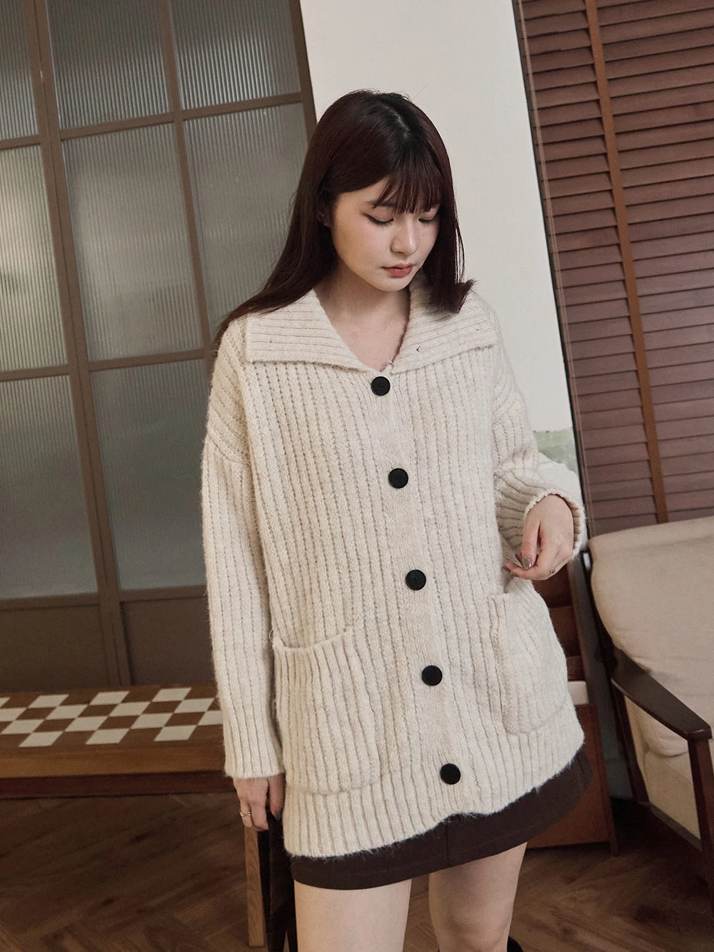 翻領粗針織排釦針織外套