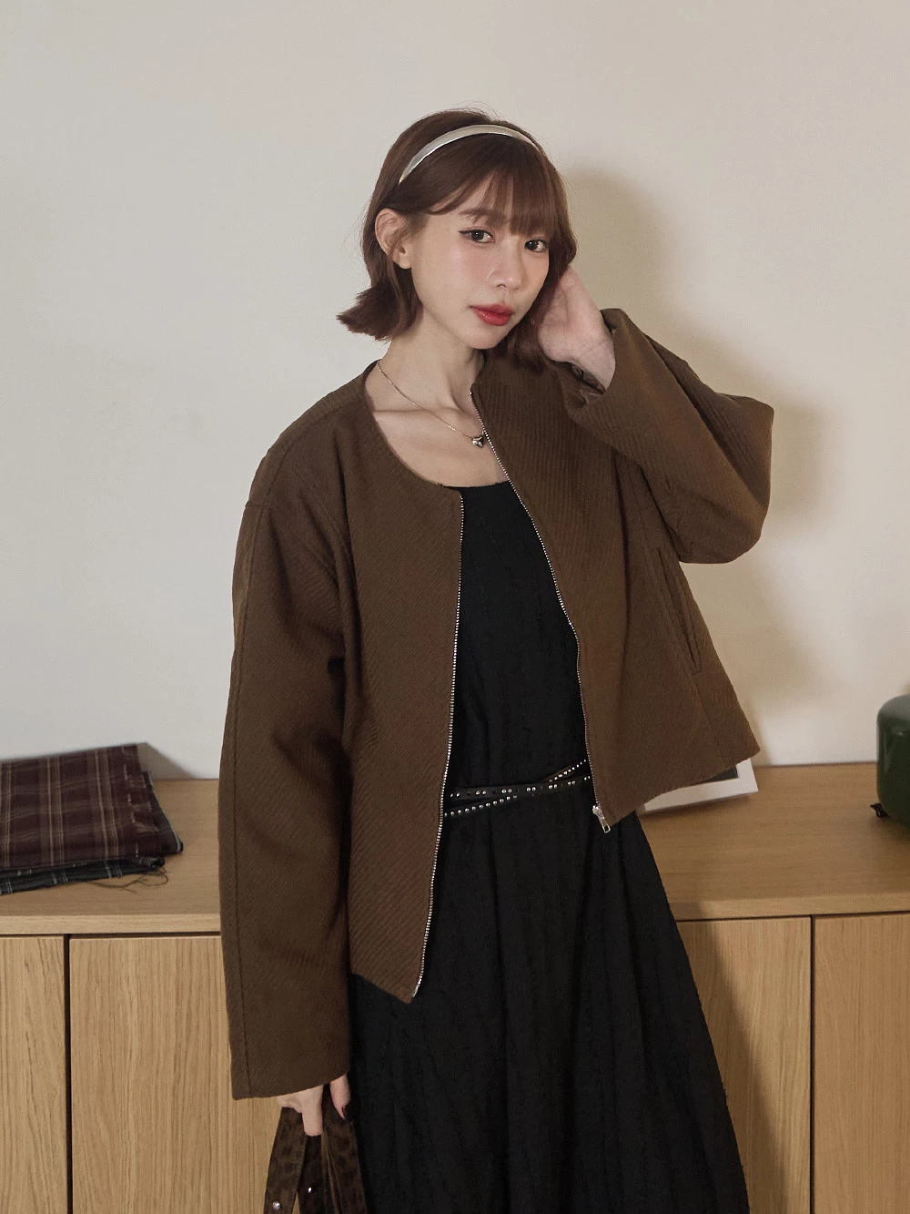 坑條無領拉鍊外套