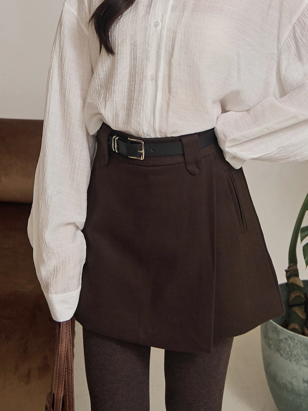 毛呢A字褲裙-附皮帶