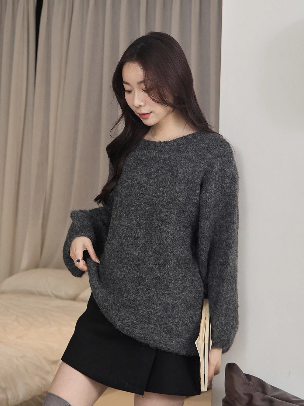 軟糯寬袖混色針織上衣