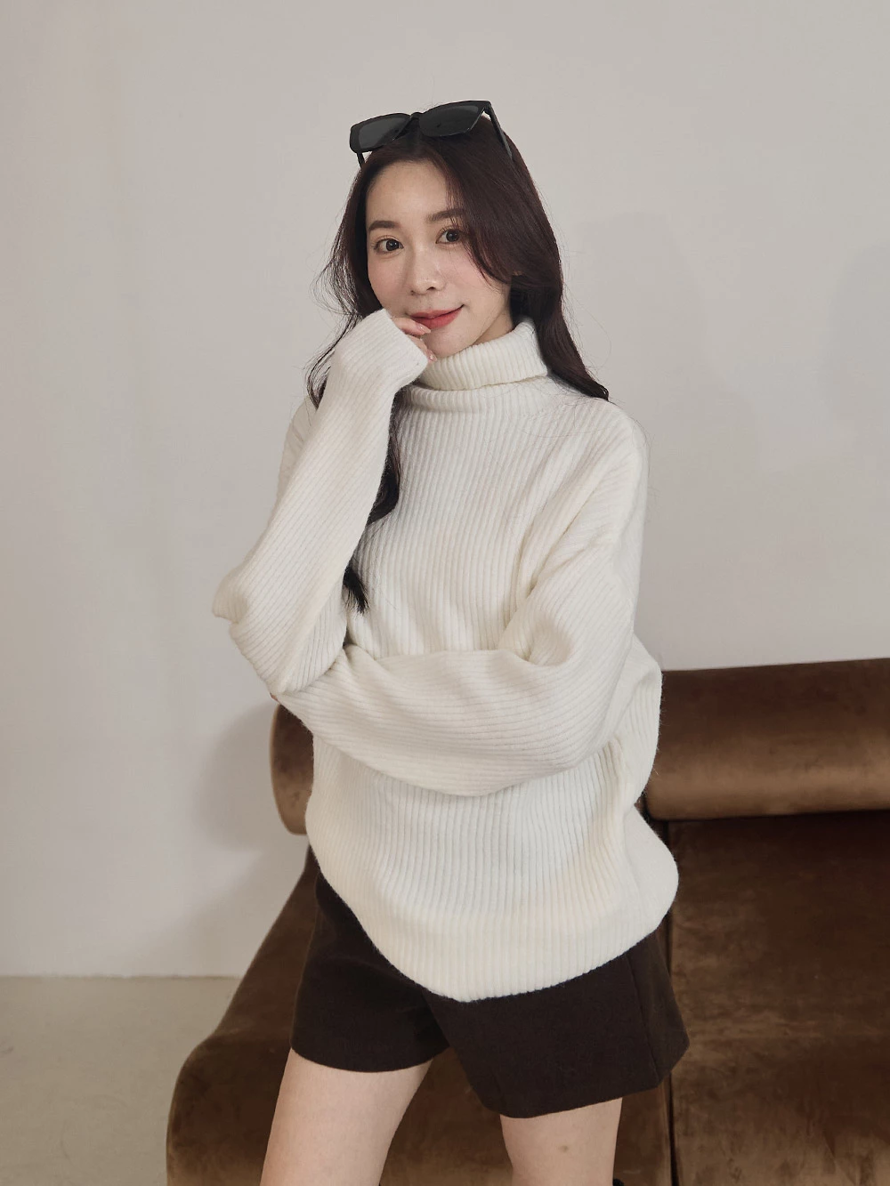 高領坑條針織上衣