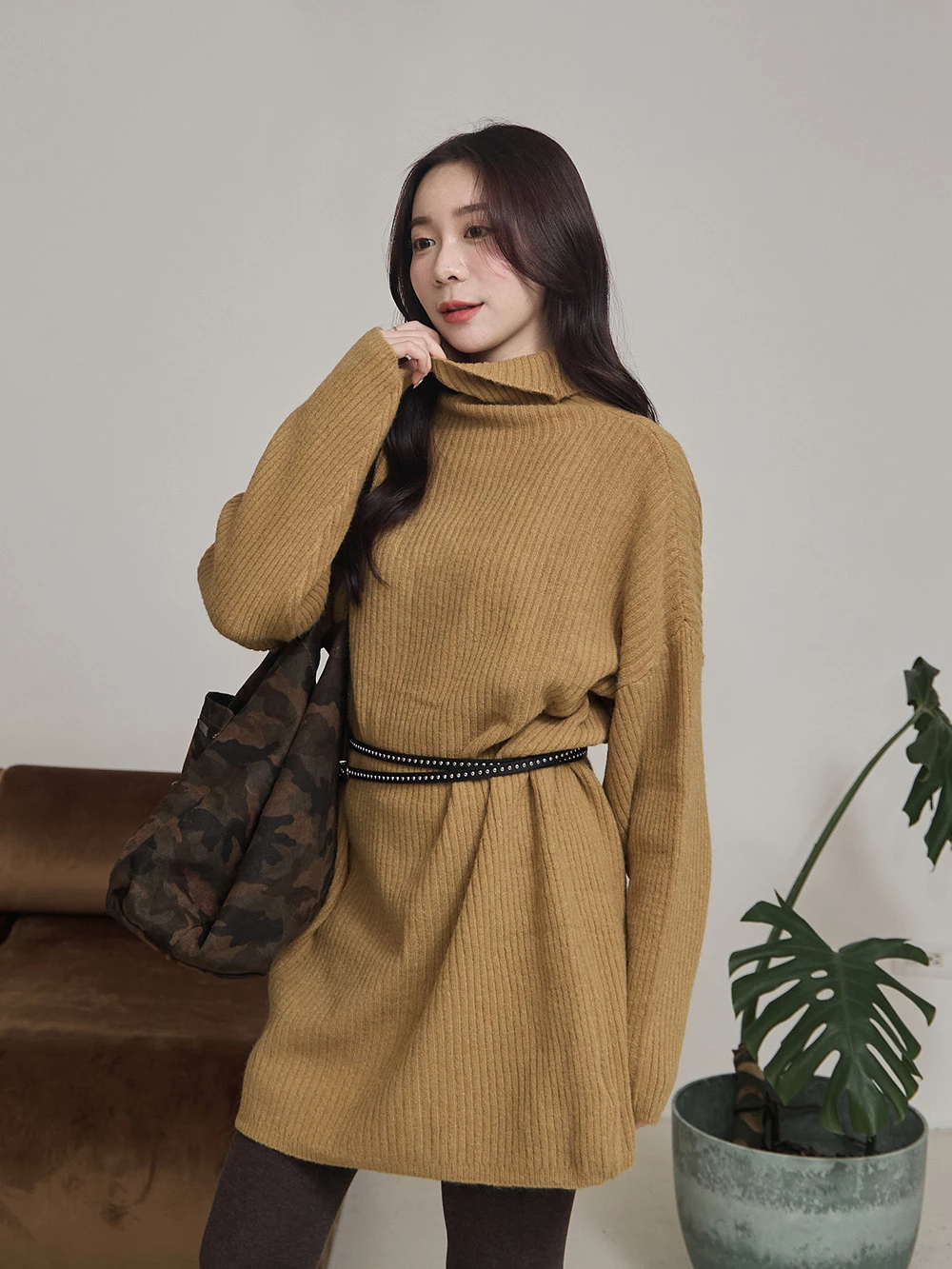 高領坑條針織上衣