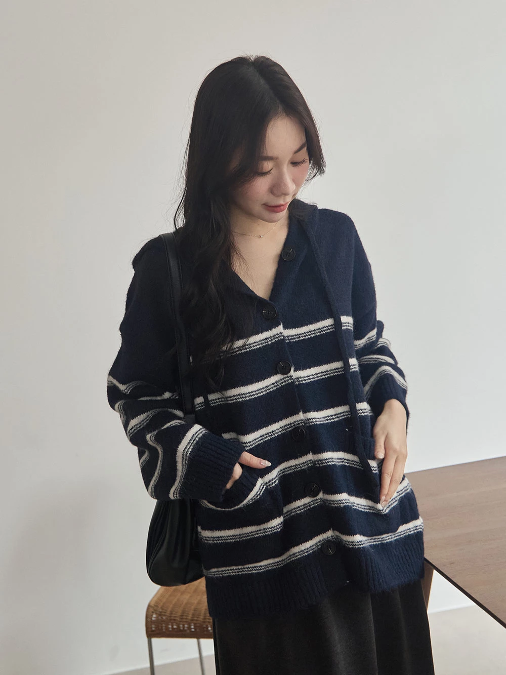 拼色條紋連帽針織上衣