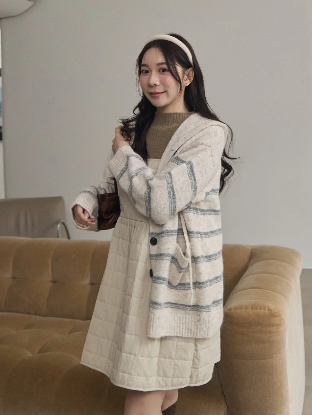 拼色條紋連帽針織上衣