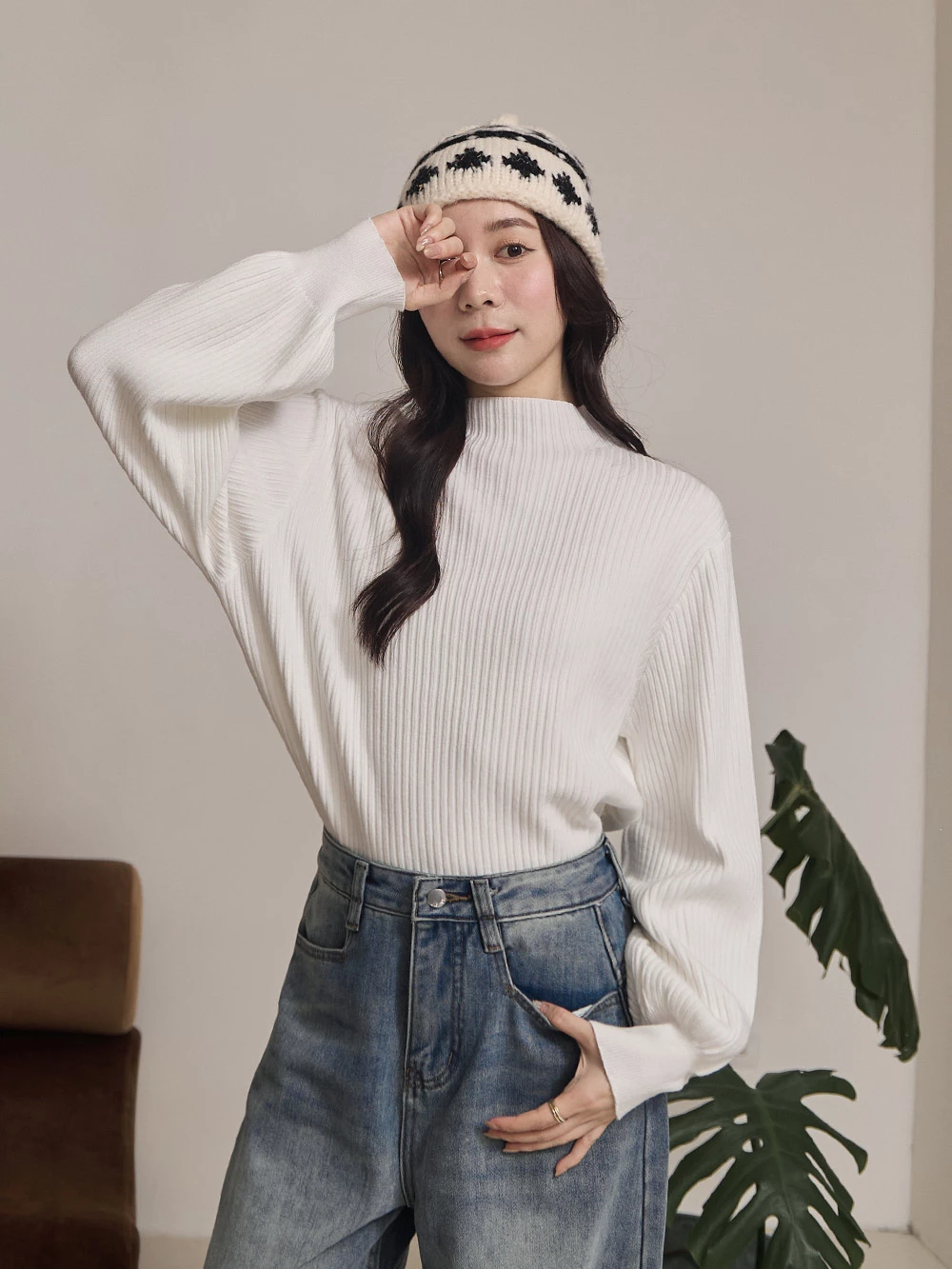 半高領澎袖針織上衣