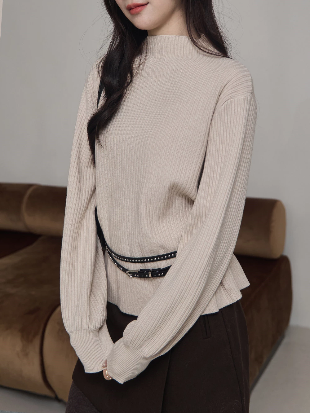 半高領澎袖針織上衣