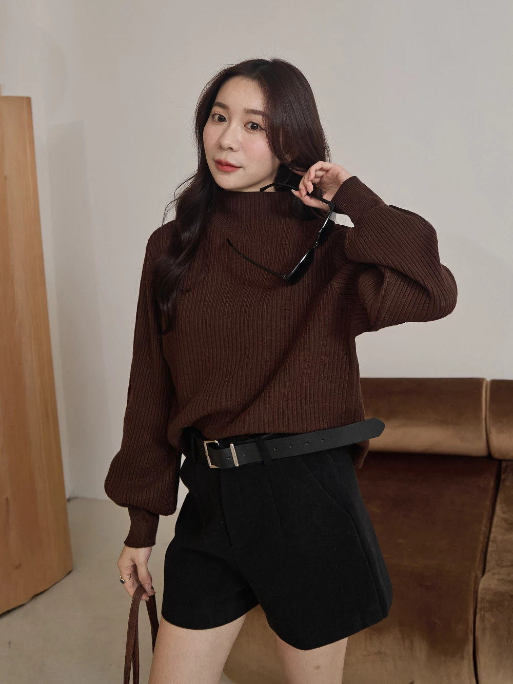 半高領澎袖針織上衣