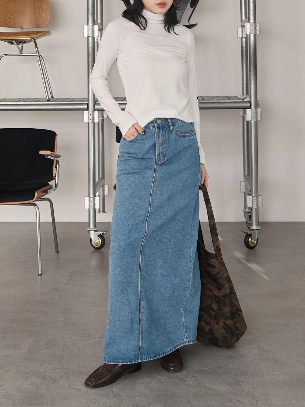 後開衩牛仔長裙