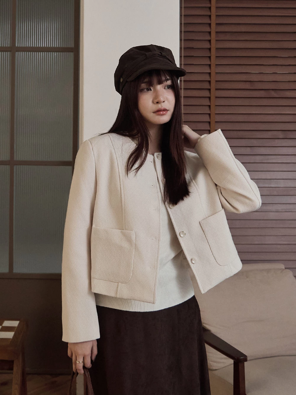 小香風無領毛呢外套