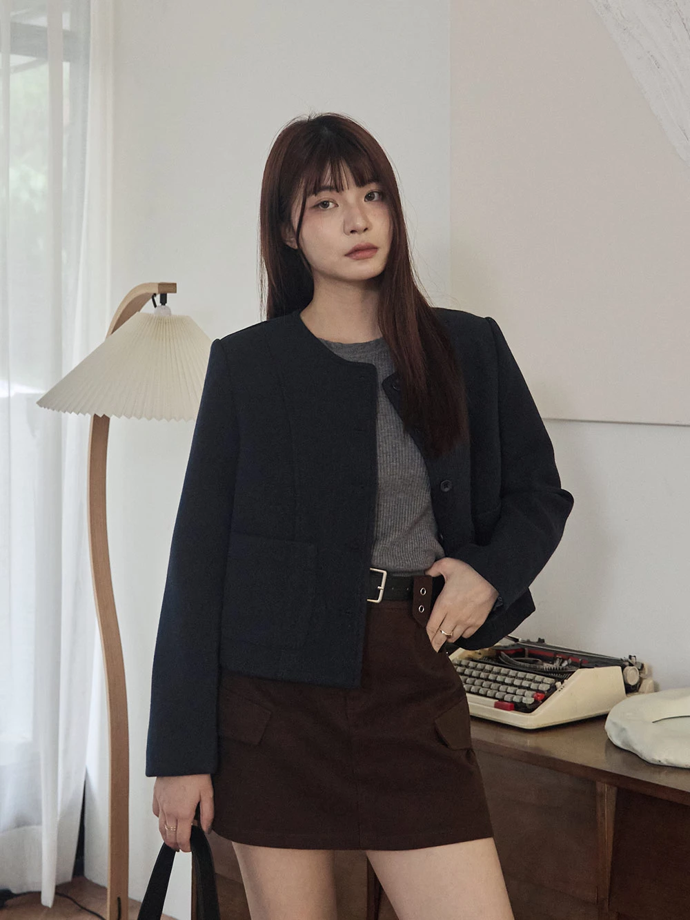 小香風無領毛呢外套