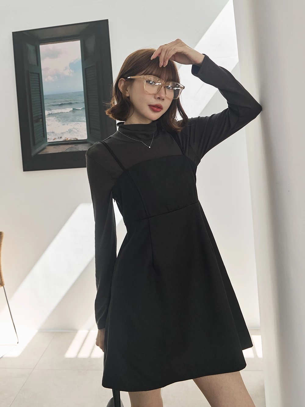 後鬆緊細肩小洋裝