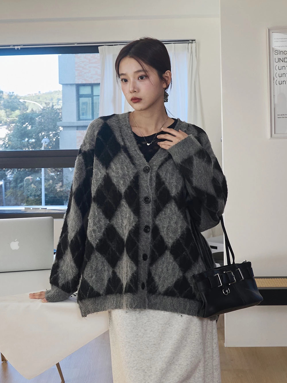 拼色菱格水貂毛針織外套