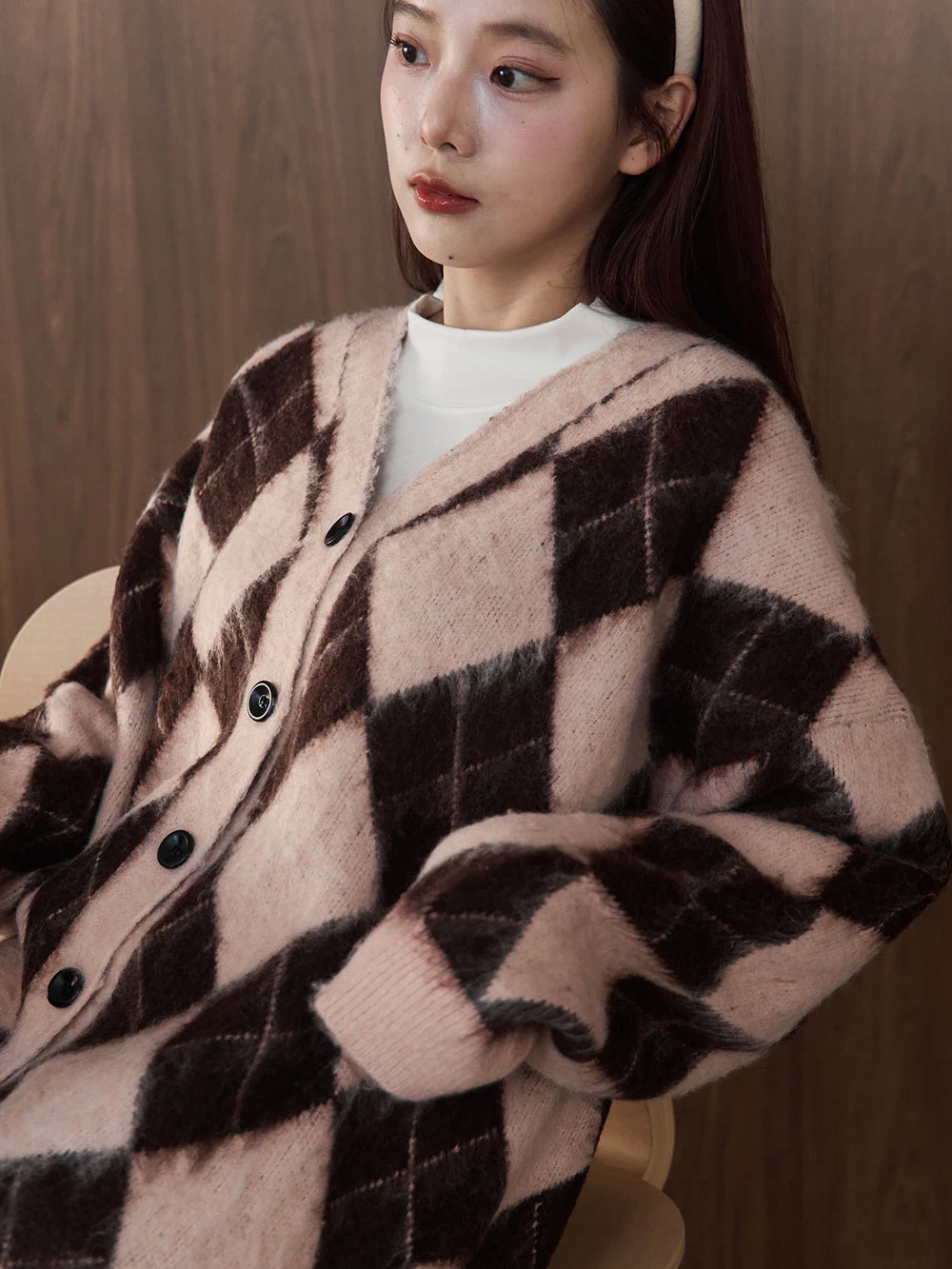 拼色菱格水貂毛針織外套