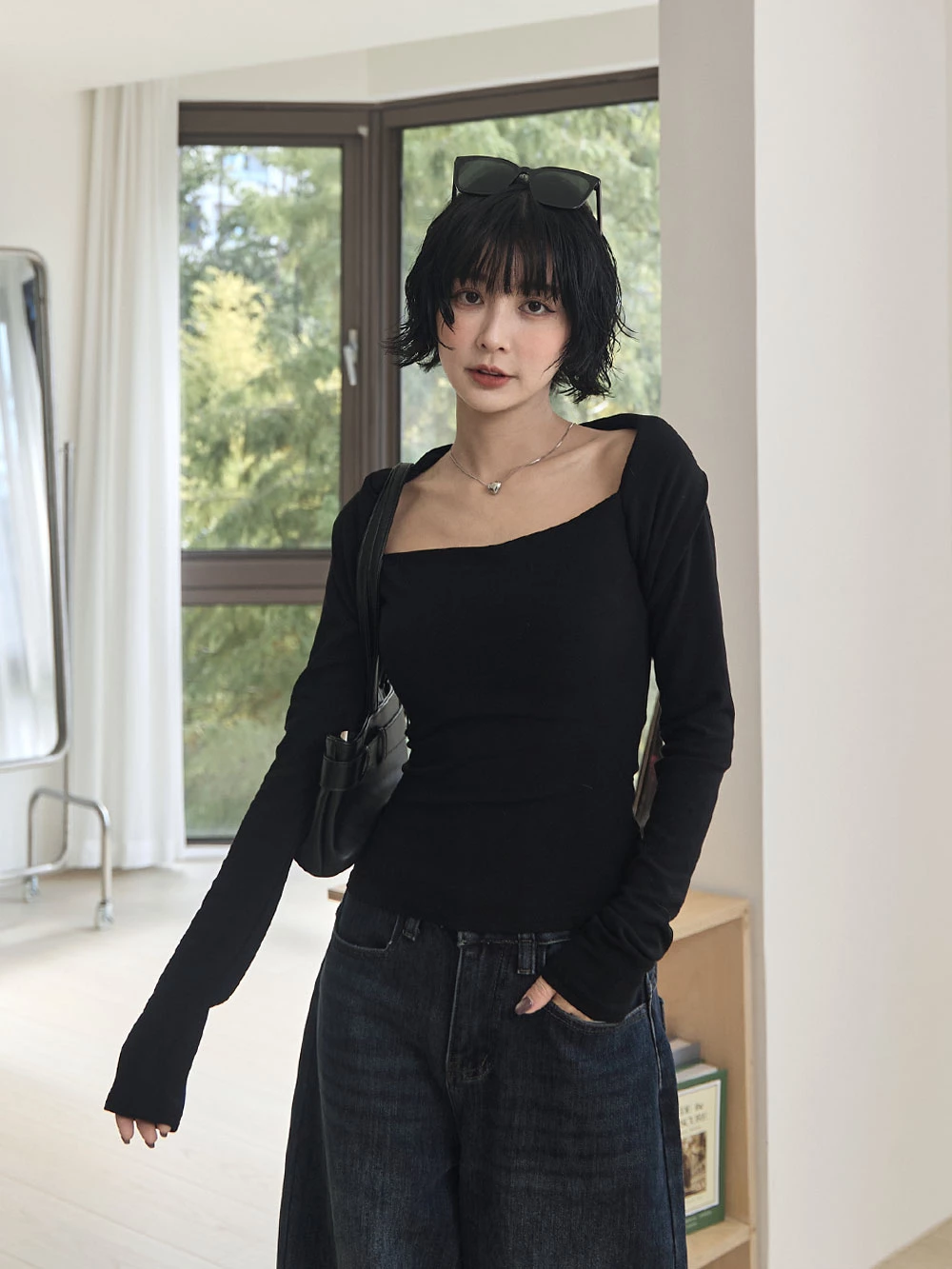 兩穿方領柔彈上衣