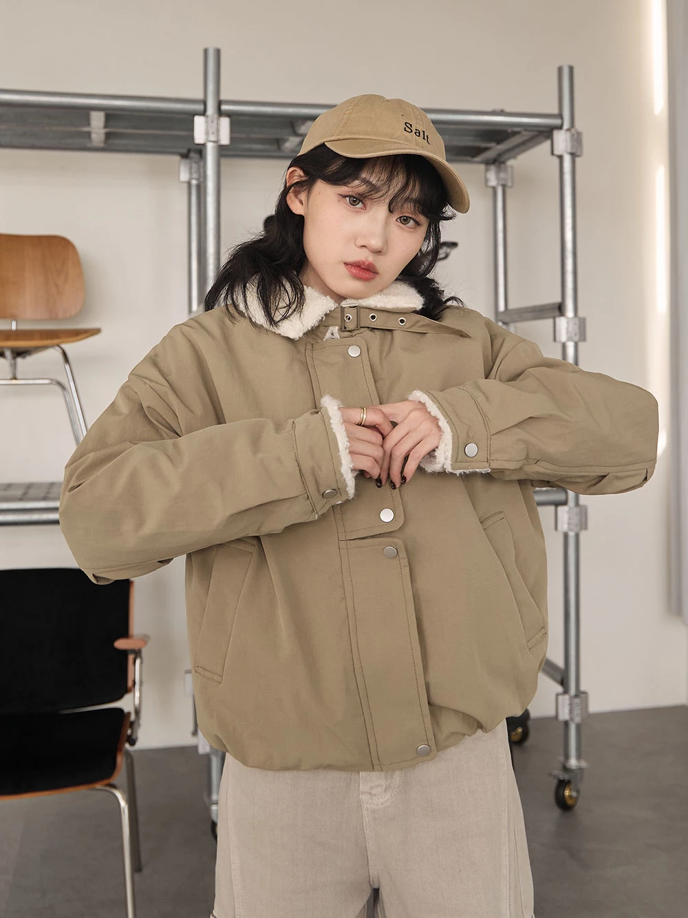 羊羔毛領內絨毛工裝外套