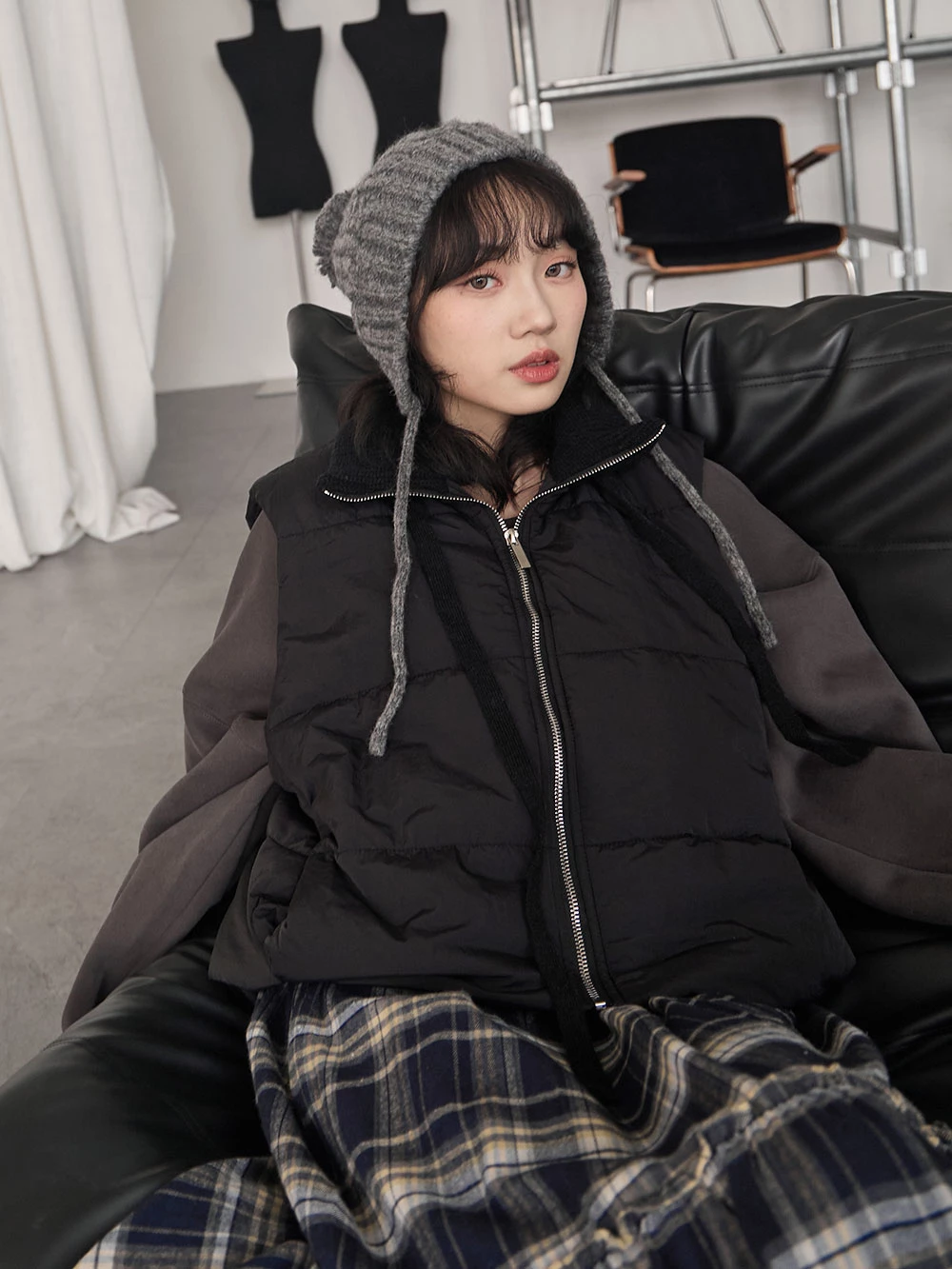 針織翻領內鋪棉背心外套