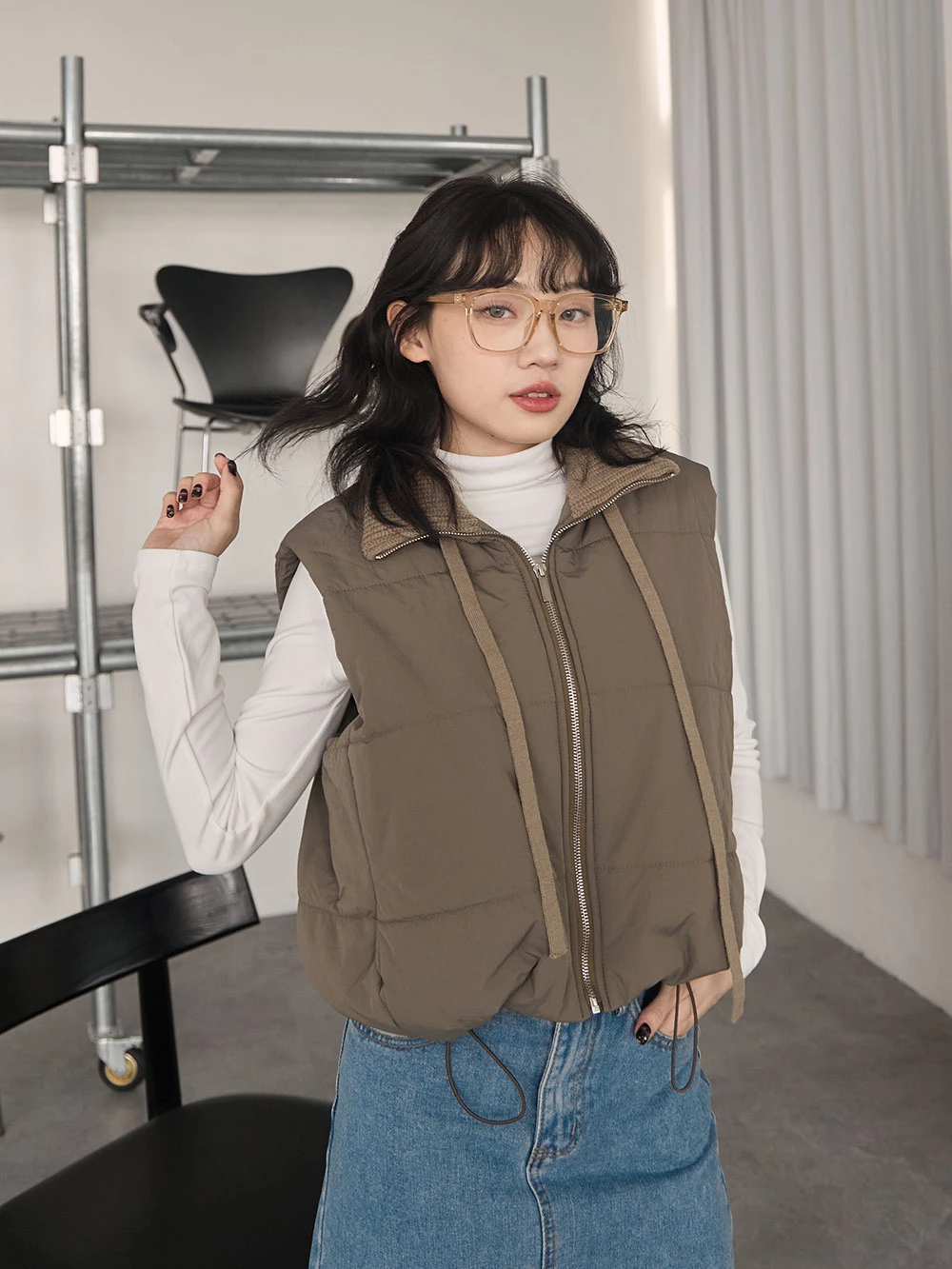 針織翻領內鋪棉背心外套