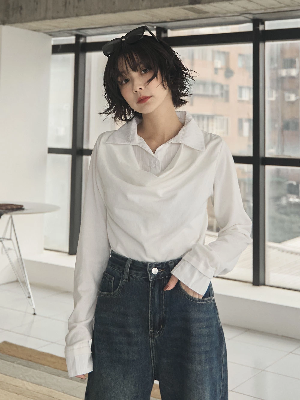 拼接襯衫垂領假兩件上衣