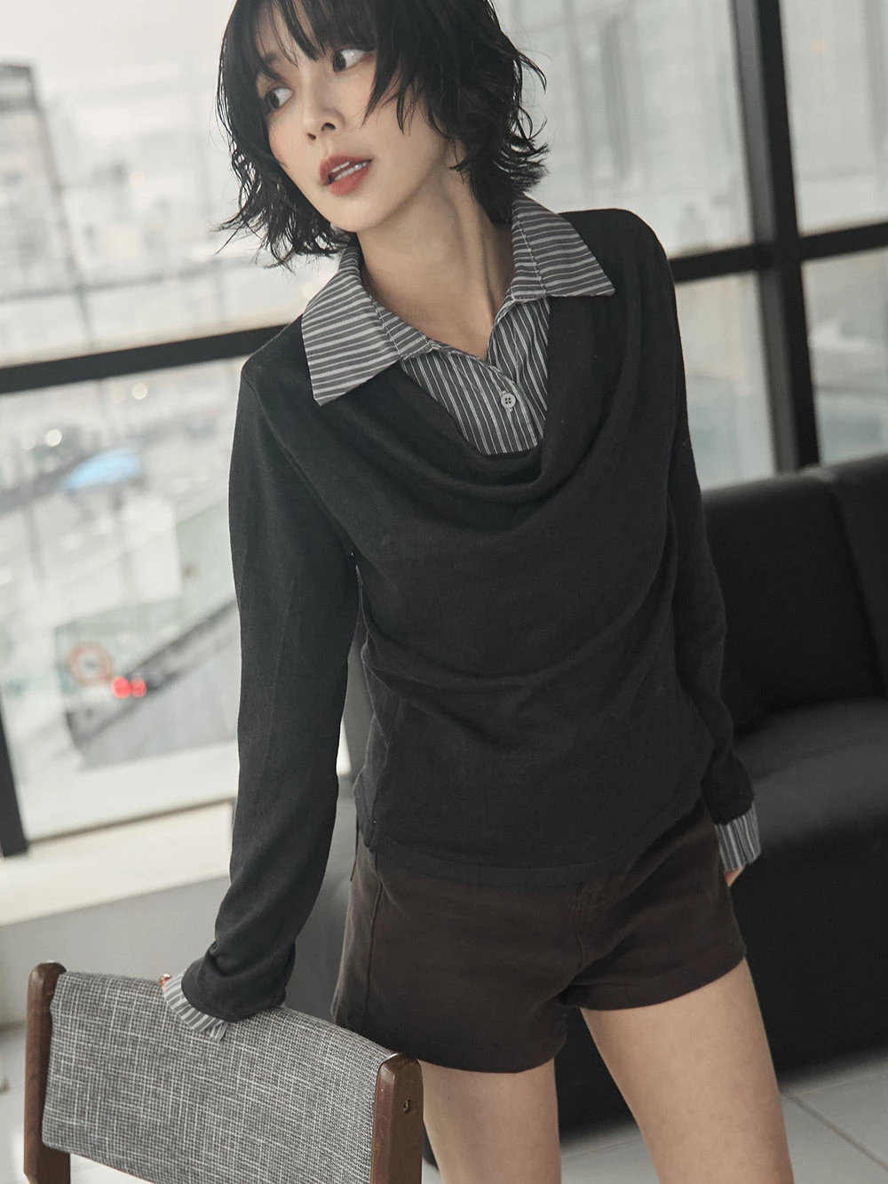 拼接襯衫垂領假兩件上衣