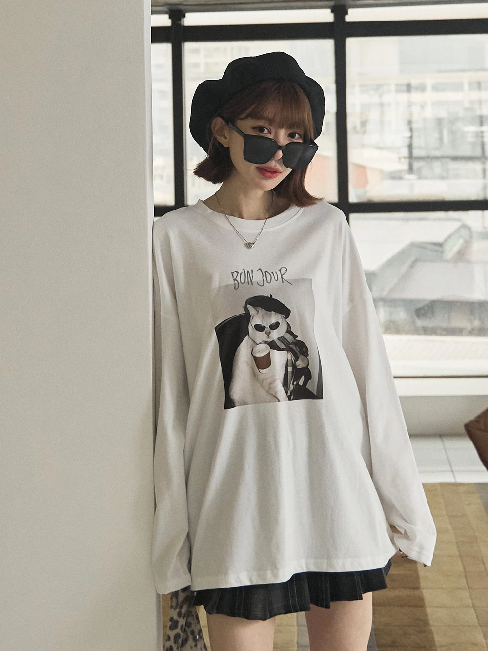 Bonjour小貓印圖長袖上衣